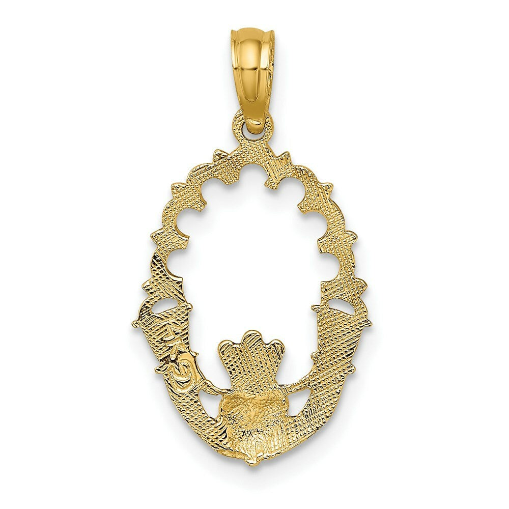 14K Yellow Gold Engraved Claddagh In Oval With Lace Trim Charm Pendant