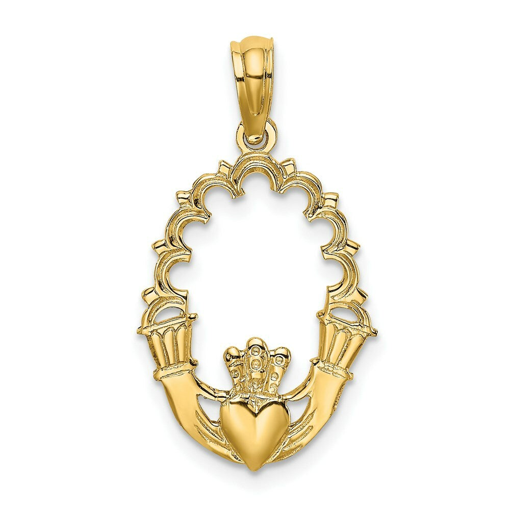 14K Yellow Gold Engraved Claddagh In Oval With Lace Trim Charm Pendant