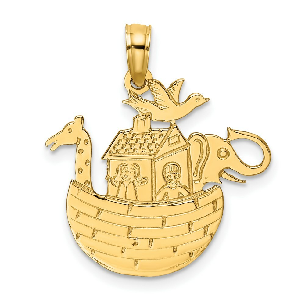 14K Yellow Gold Engraved & Flat Noah's Ark Charm Pendant