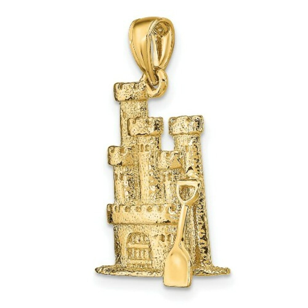 14K Yellow Gold 3-D Textured Sand Castle With Shovel Charm Pendant