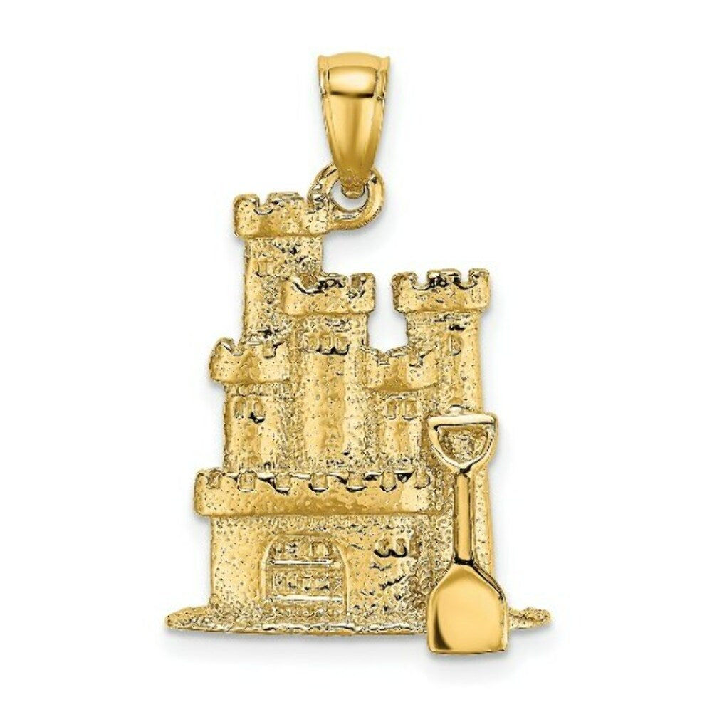 14K Yellow Gold 3-D Textured Sand Castle With Shovel Charm Pendant