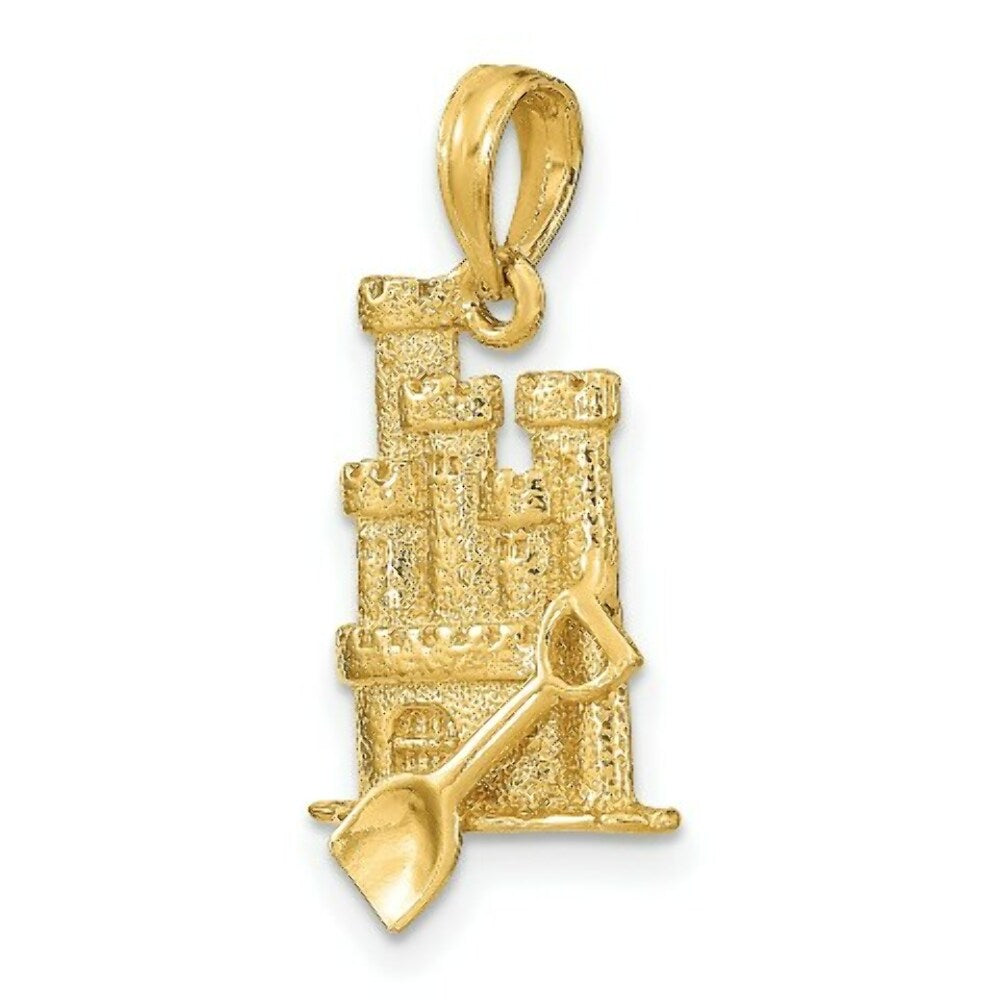 14K Yellow Gold 3-D Sand Castle With Shovel Charm Pendant