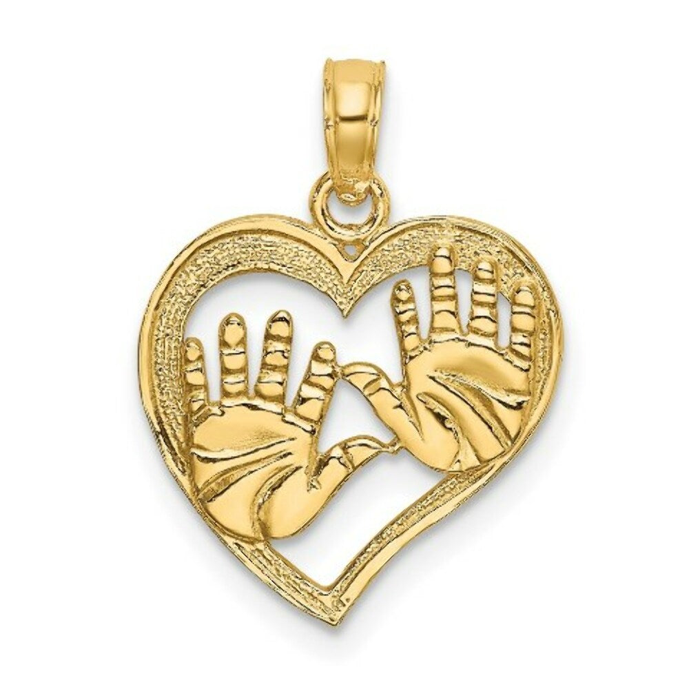 14K Yellow Gold Cut-Out Double Hand Prints In Heart Charm Pendant