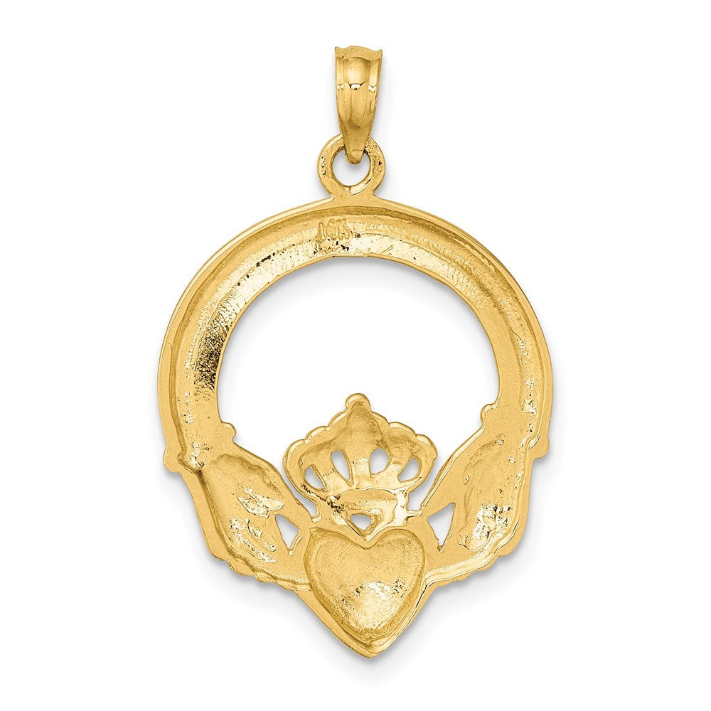 14K Yellow Gold 2-D & Polished LARGE CLADDAGH HEART Charm Pendant