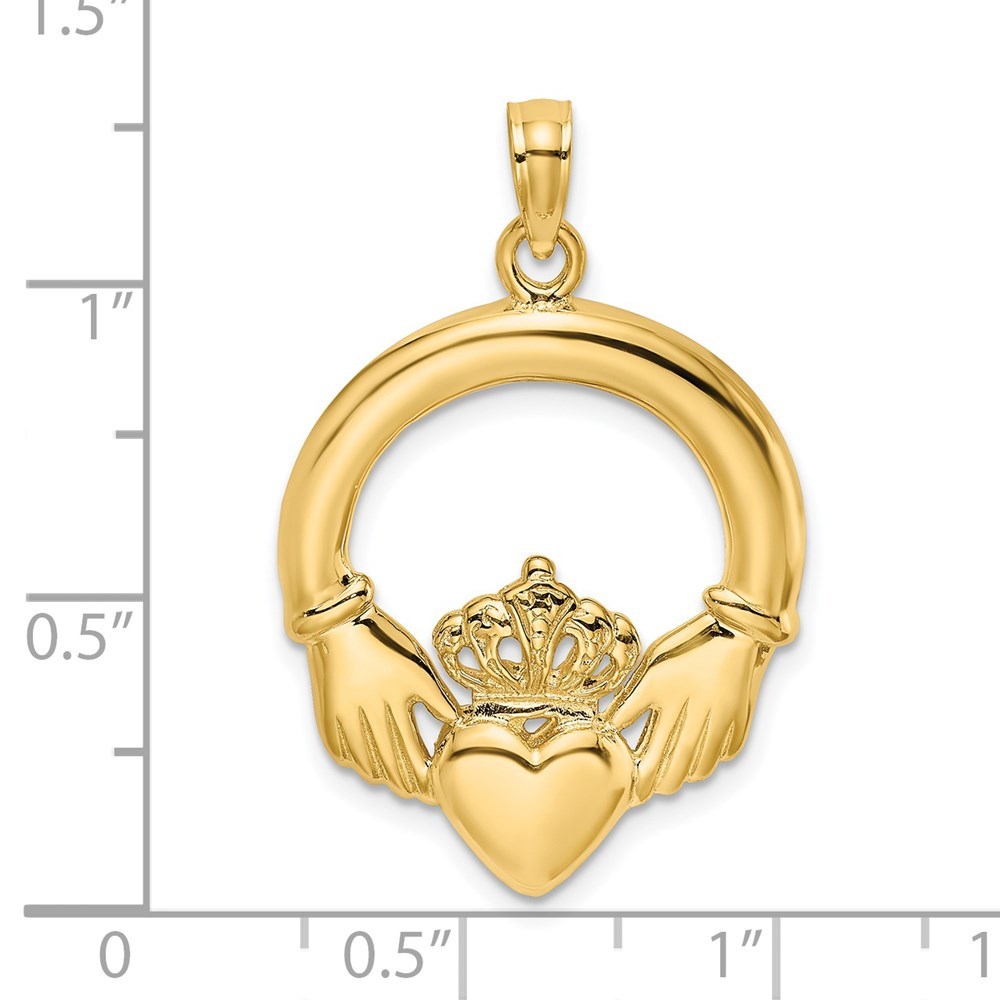 14K Yellow Gold 2-D & Polished LARGE CLADDAGH HEART Charm Pendant