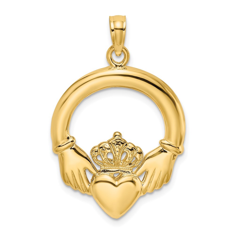 14K Yellow Gold 2-D & Polished LARGE CLADDAGH HEART Charm Pendant