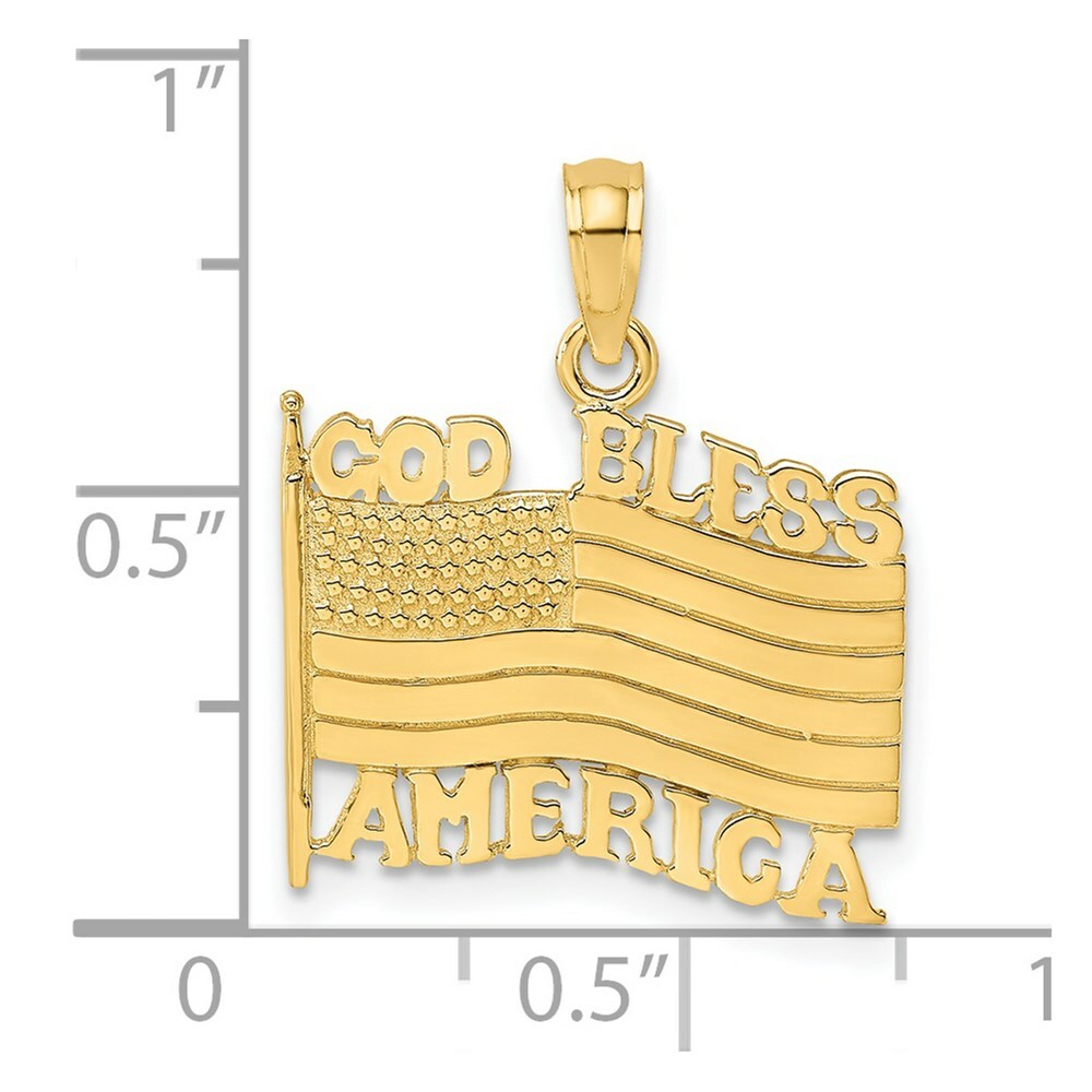 14K Yellow Gold Polished and Textured God Bless America With Flag Charm Pendant