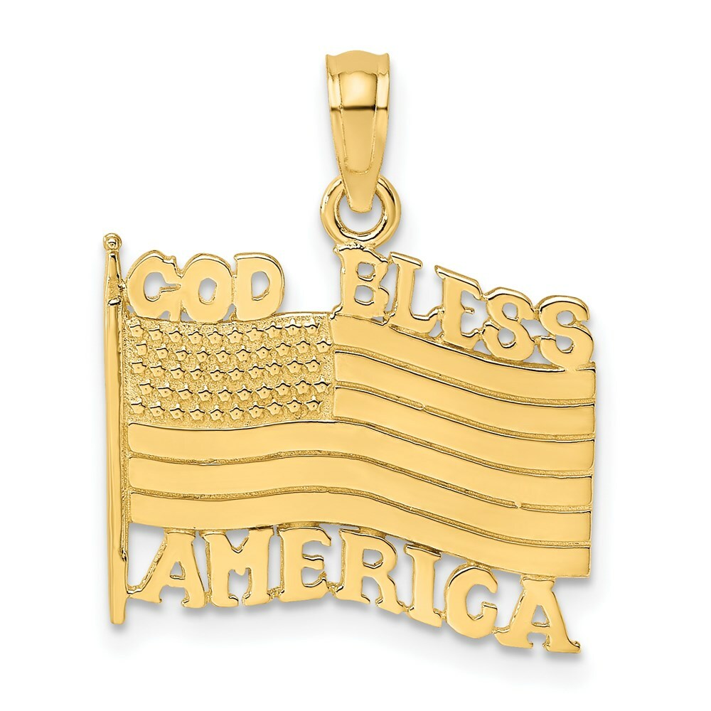 14K Yellow Gold Polished and Textured God Bless America With Flag Charm Pendant