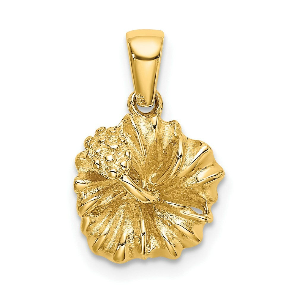 14K Yellow Gold 2-D Textured Hibiscus Flower Charm Pendant