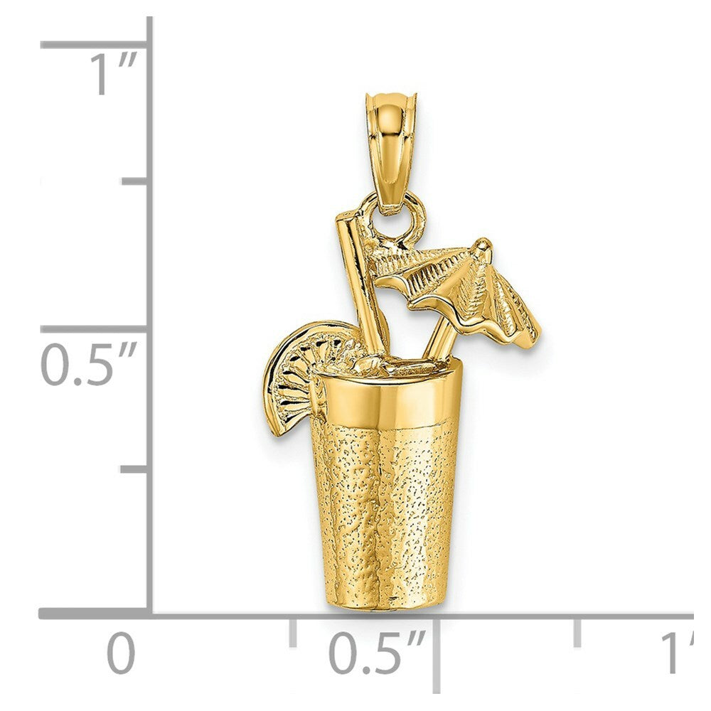 14K Yellow Gold 2-D Cocktail Drink With Umbrella Charm Pendant