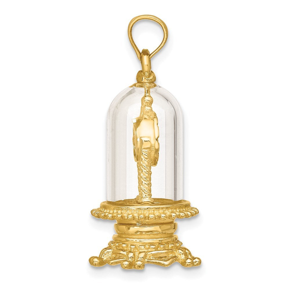 14K Yellow Gold With Enamel 3-D Moveable Clock In Glass Dome Charm Pendant