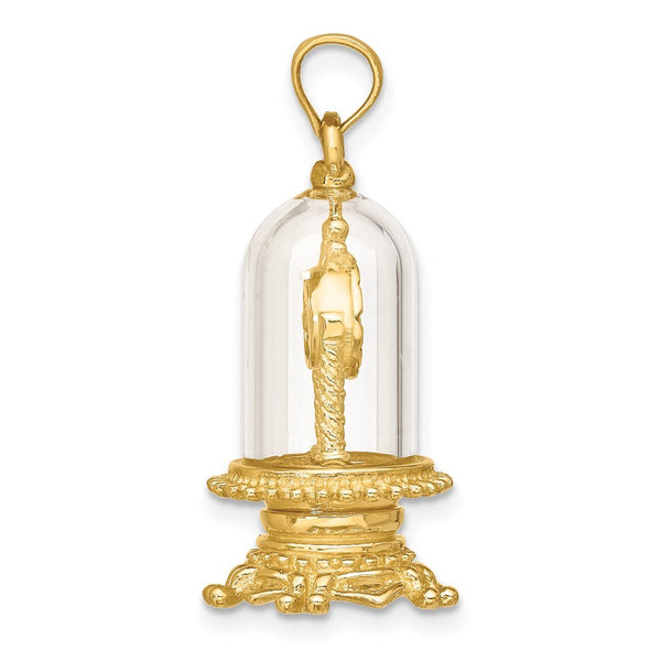 14K Yellow Gold With Enamel 3-D Moveable Clock In Glass Dome Charm Pendant