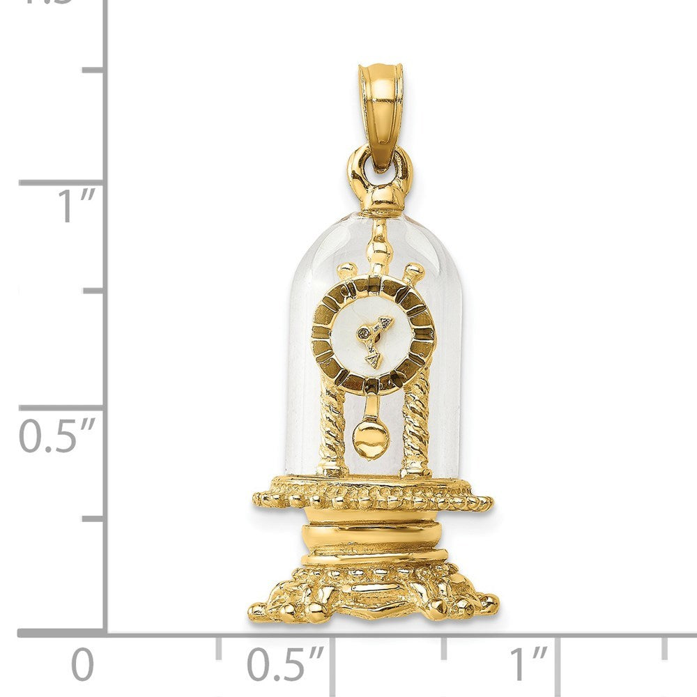 14K Yellow Gold With Enamel 3-D Moveable Clock In Glass Dome Charm Pendant