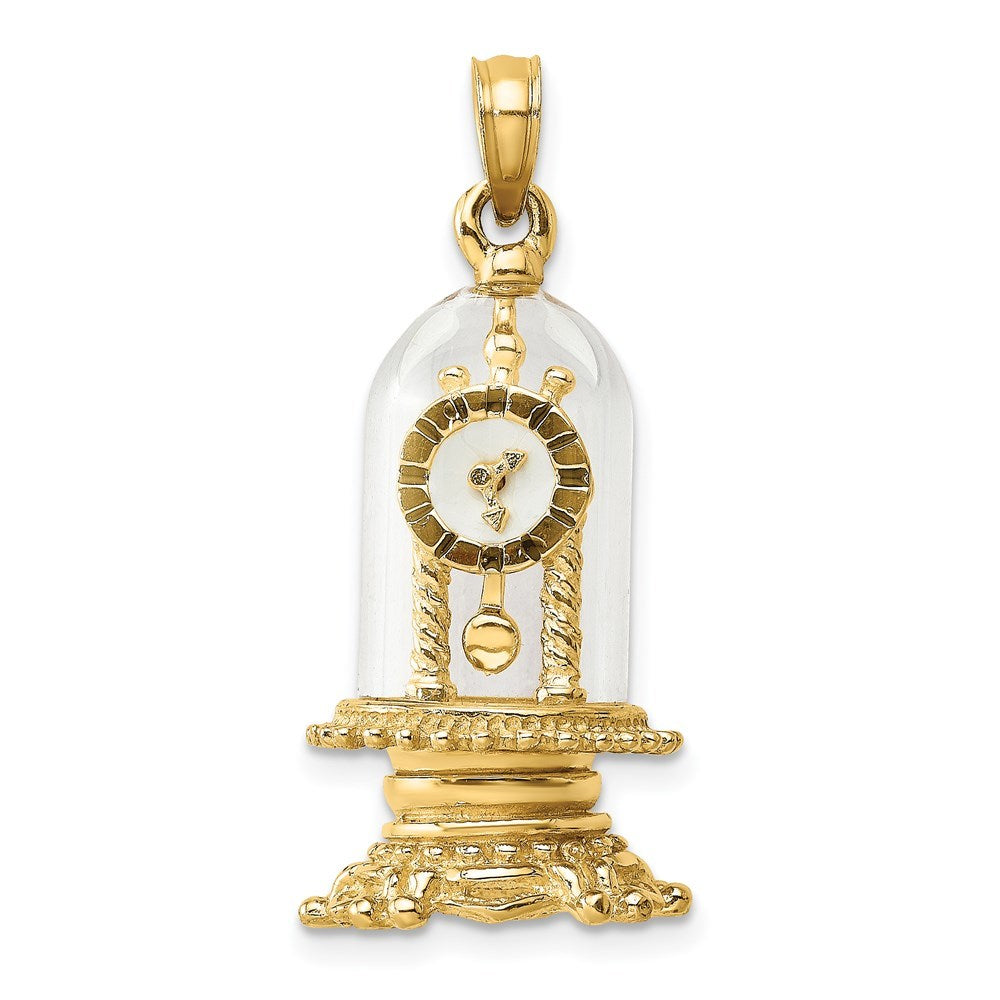 14K Yellow Gold With Enamel 3-D Moveable Clock In Glass Dome Charm Pendant