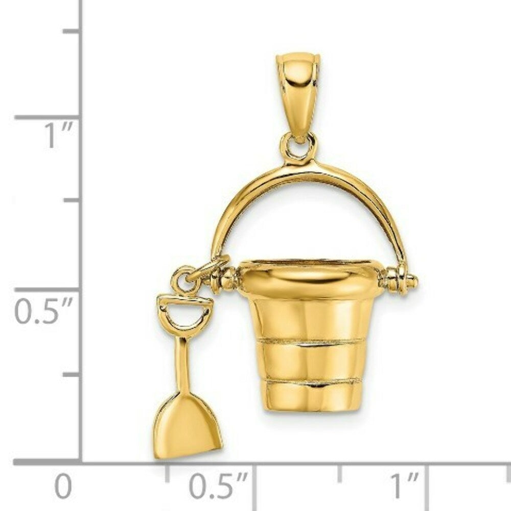 14K Yellow Gold 3-D & Moveable Beach Bucket With Shovel Charm Pendant