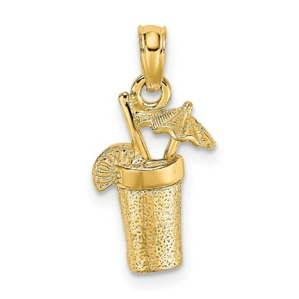 14K Yellow Gold 2-D Cocktail Cocktail Drink With Umbrella Charm Pendant