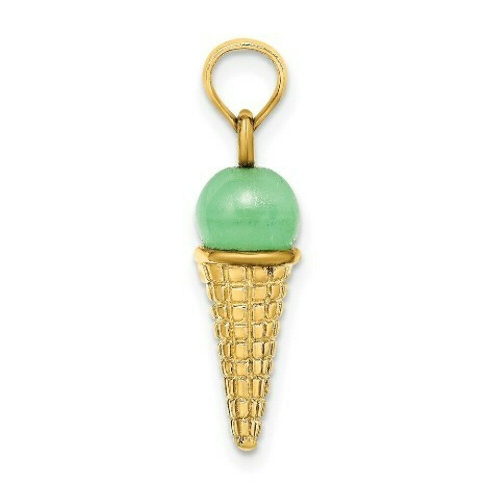 14K Yellow Gold Satin Polished Green Bead Ice Cream Cone Pendant