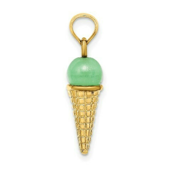 14K Yellow Gold Satin Polished Green Bead Ice Cream Cone Pendant