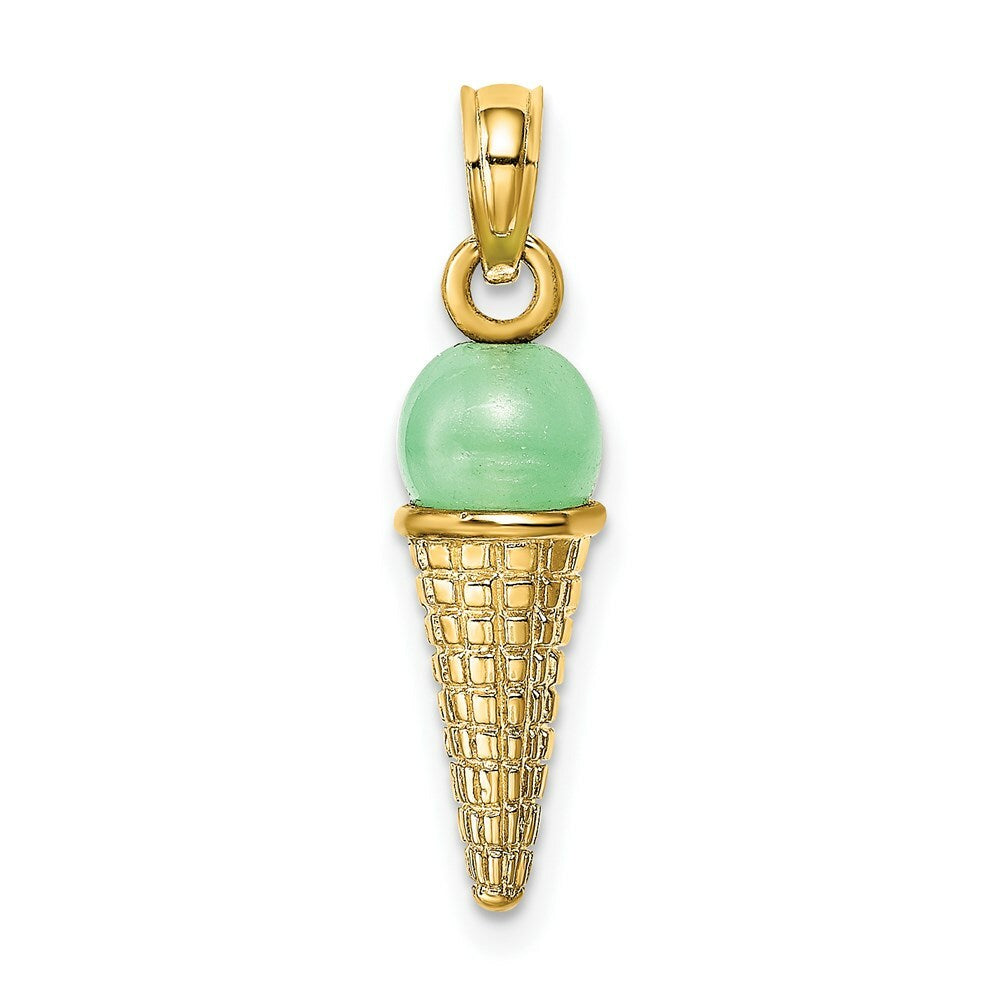 14K Yellow Gold Satin Polished Green Bead Ice Cream Cone Pendant