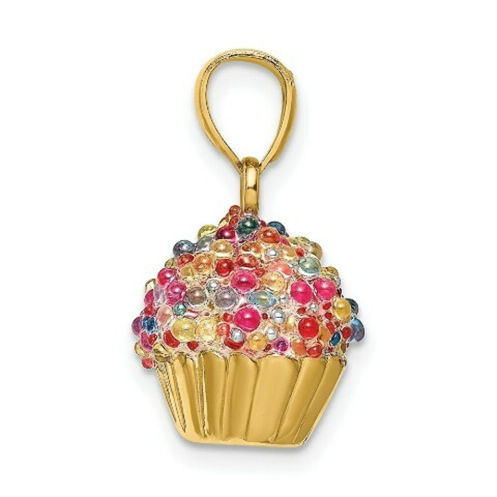 14K Yellow Gold 3-D Cupcake Charm Pendant With Colored Bead Icing