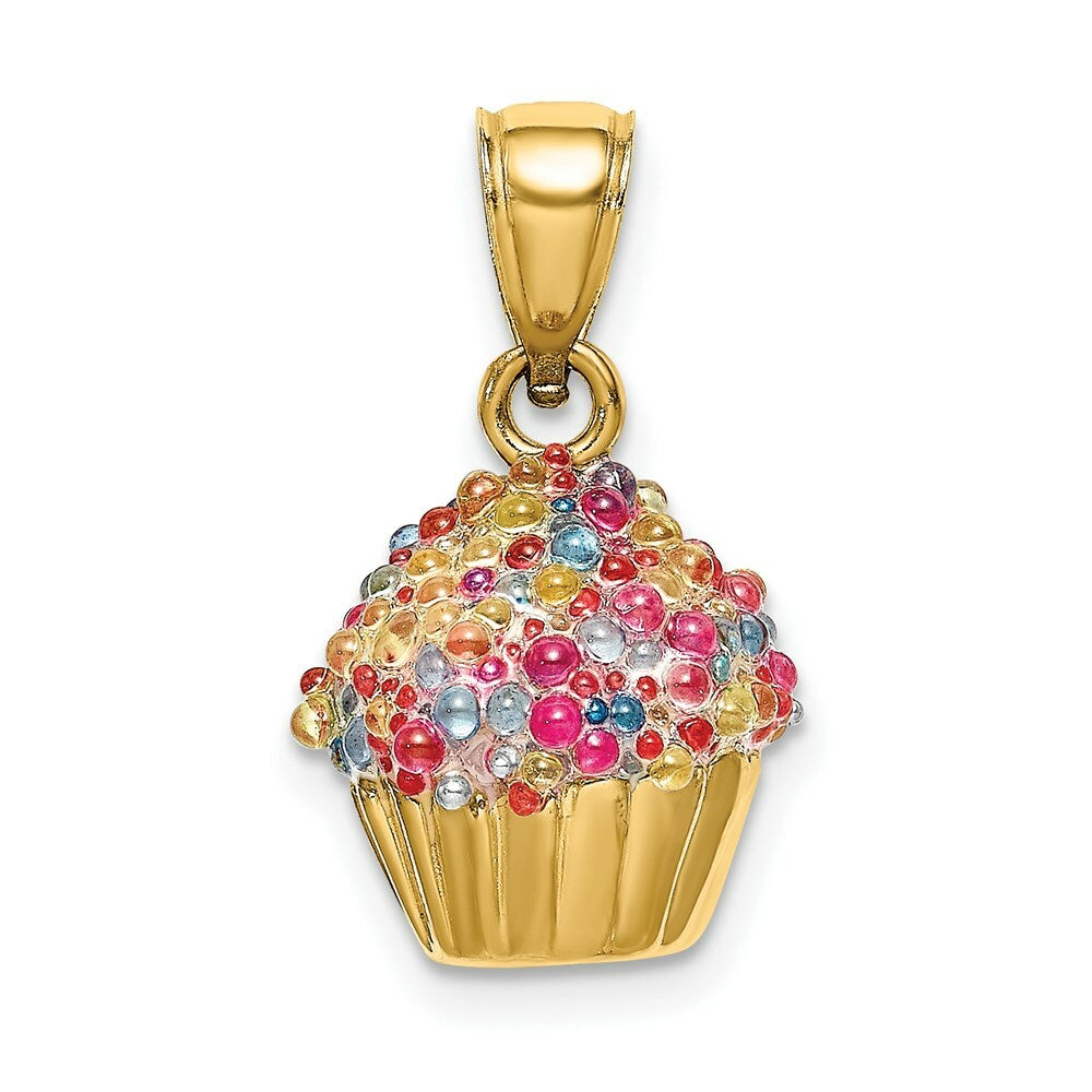 14K Yellow Gold 3-D Cupcake Charm Pendant With Colored Bead Icing