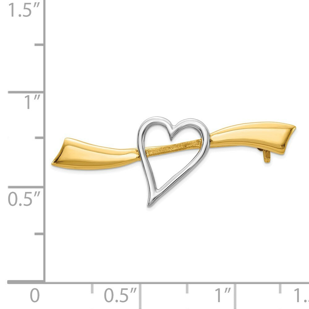 Solid Satin Polished Heart Pin in 14K Yellow Gold and Rhodium