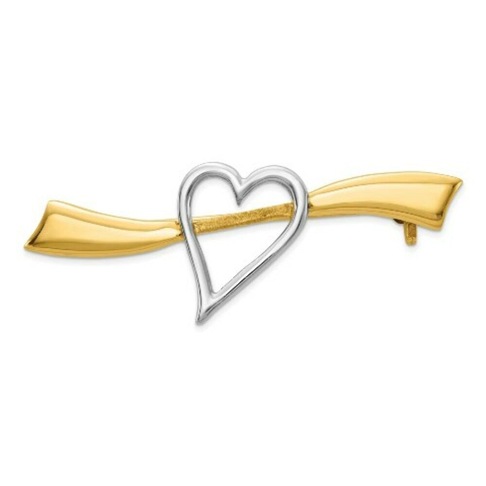Solid Satin Polished Heart Pin in 14K Yellow Gold and Rhodium