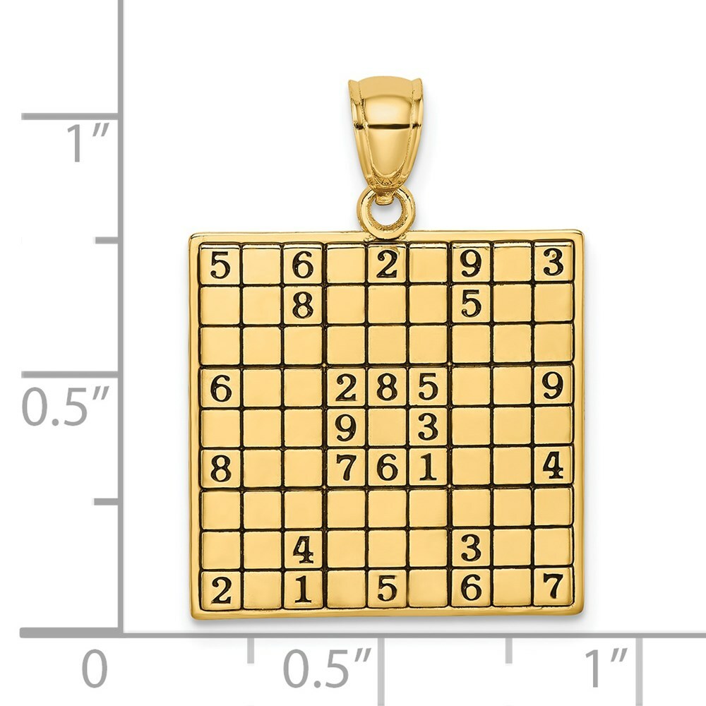 14K Yellow Gold Polished and Antiqued Sudoku Game Board Charm Pendant