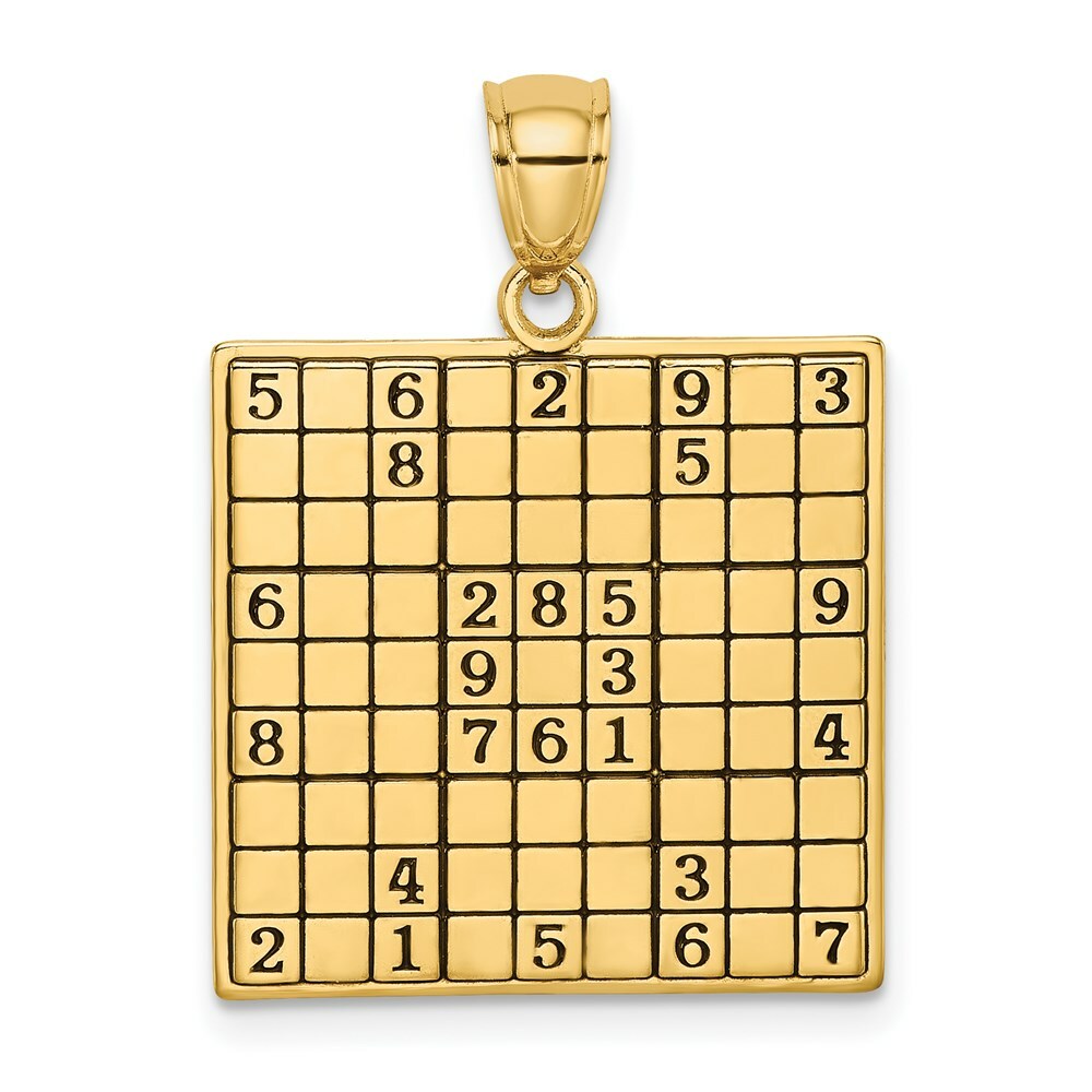 14K Yellow Gold Polished and Antiqued Sudoku Game Board Charm Pendant
