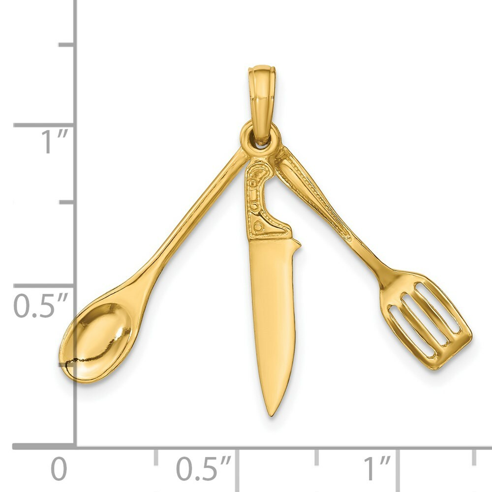 14K Yellow Gold 3-D Moveable Spatula, Spoon, & Knife Charm Pendant