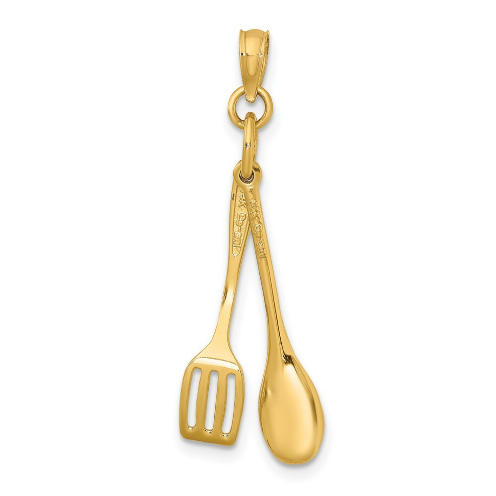 14K Yellow Gold 3-D Moveable Wooden Spoon & Spatula Charm Pendant
