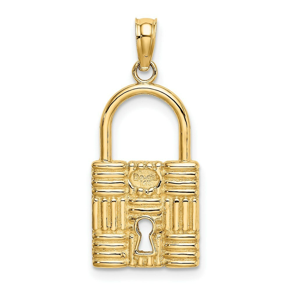 14K Yellow Gold 3-D Padlock With Key Hole Charm Pendant