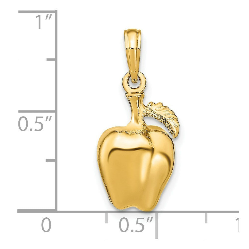 14K Yellow Gold 3-D Apple With Stem & Leaf Charm Pendant