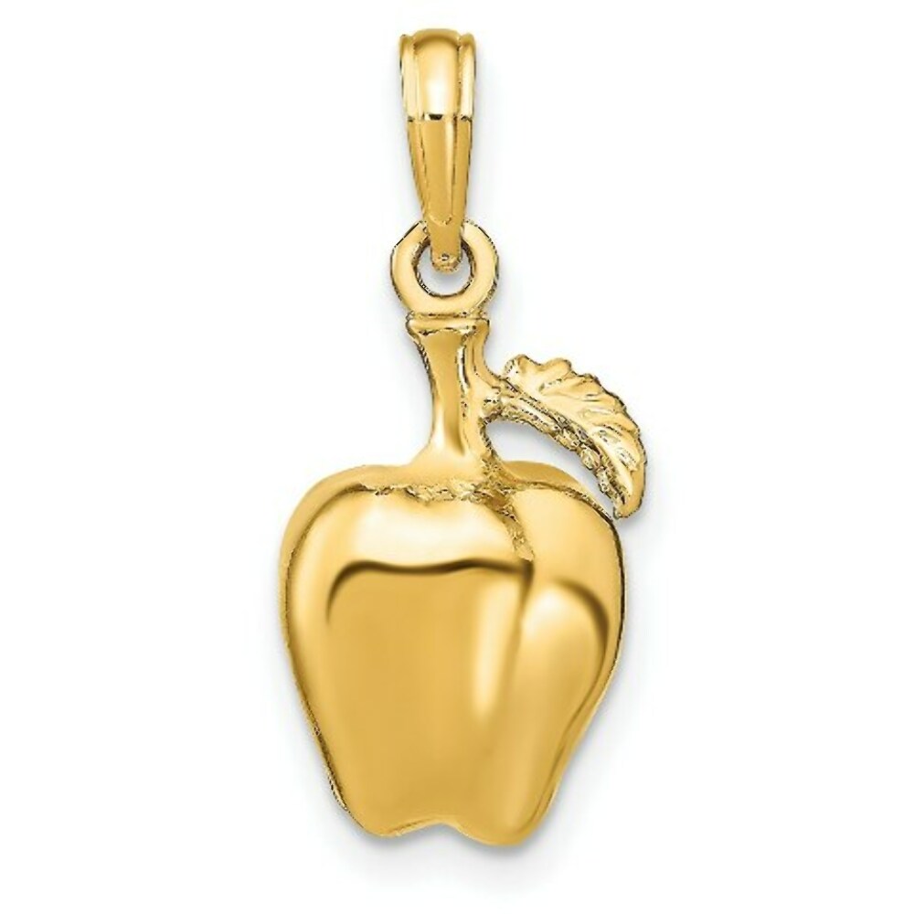 14K Yellow Gold 3-D Apple With Stem & Leaf Charm Pendant