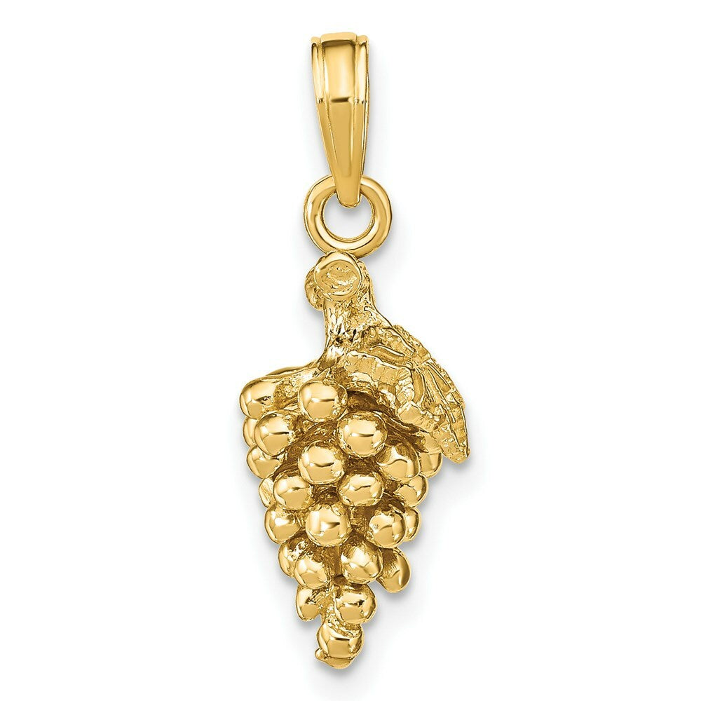 14K Yellow Gold 3-D Grapes With Stem & Leaf Charm Pendant