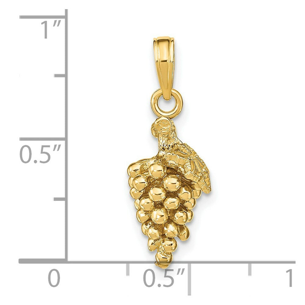 14K Yellow Gold 3-D Grapes With Stem & Leaf Charm Pendant