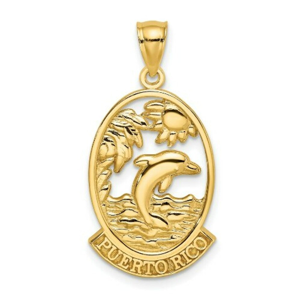 14K Yellow Gold PUERTO RICO With Dolphin & Sunset In Frame Charm Pendant