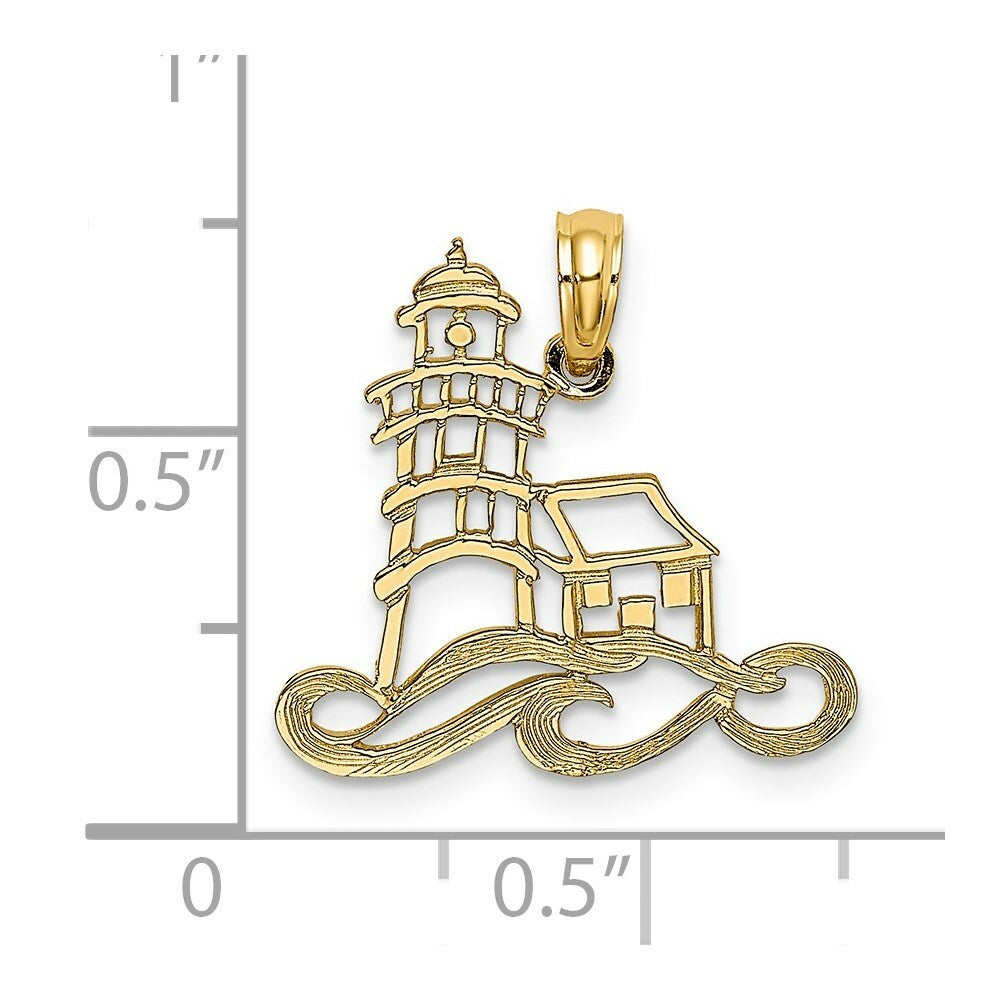 14K Yellow Gold Cut-Out Lighthouse With Water Charm Pendant