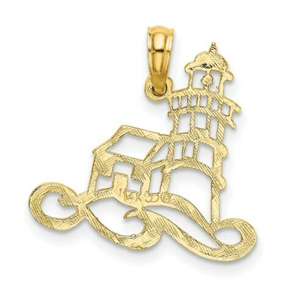 14K Yellow Gold Cut-Out Lighthouse With Water Charm Pendant