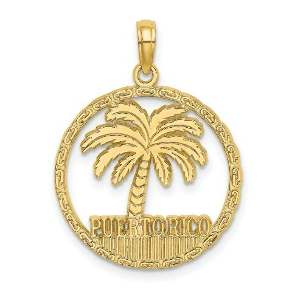 14K Yellow Gold PUERTO RICO Under Palm Tree In Disk Charm Pendant