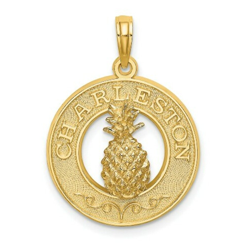 14K Yellow Gold Charleston On Round Frame With Pineapple Charm Pendant