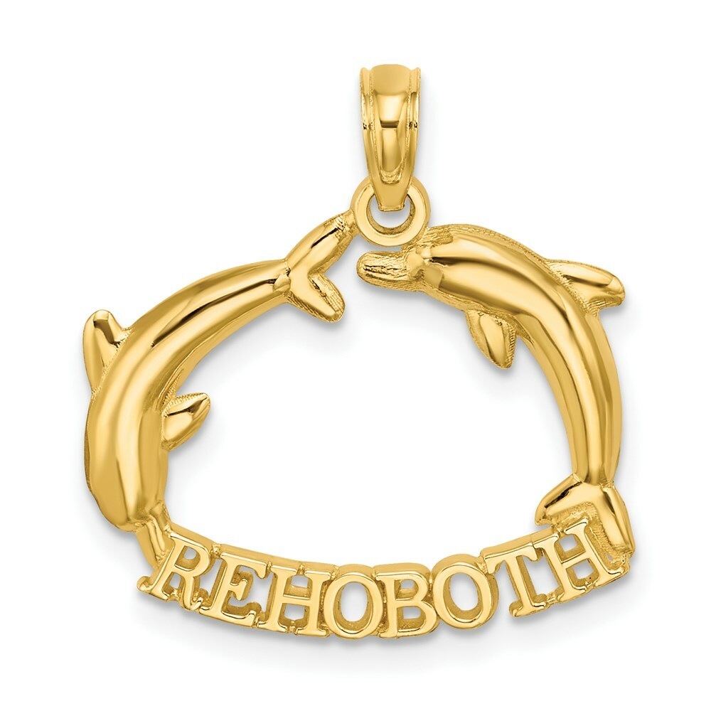 14K Yellow Gold 2-D & Polished REHOBOTH With Jumping Dolphins Charm Pendant
