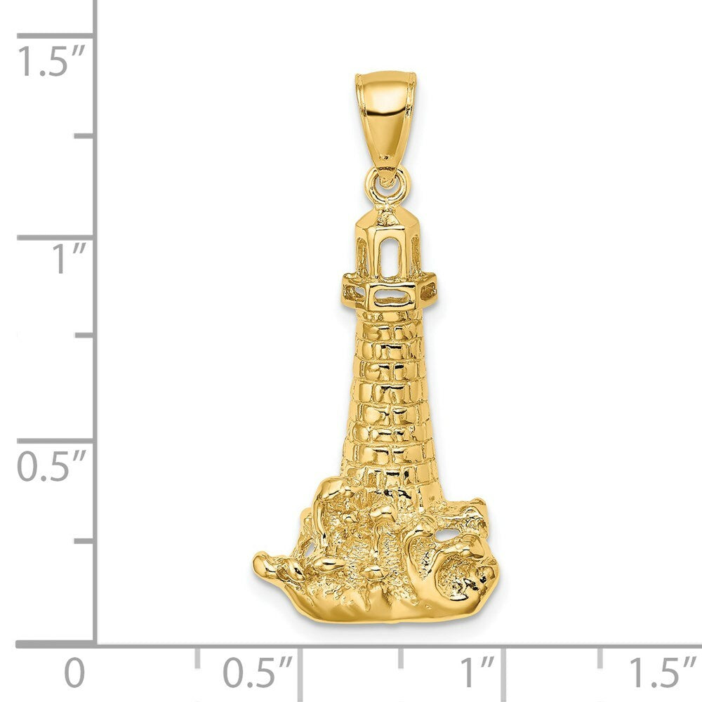 14K Yellow Gold Lighthouse With Wave Charm Pendant