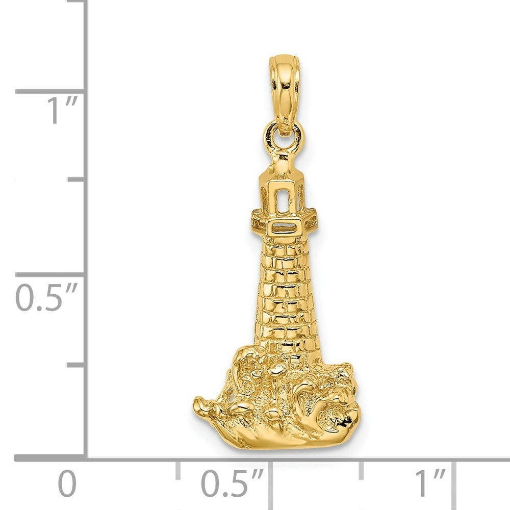 14K Yellow Gold LIGHTHOUSE With WAVE Charm Pendant