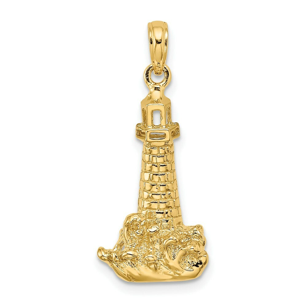 14K Yellow Gold LIGHTHOUSE With WAVE Charm Pendant