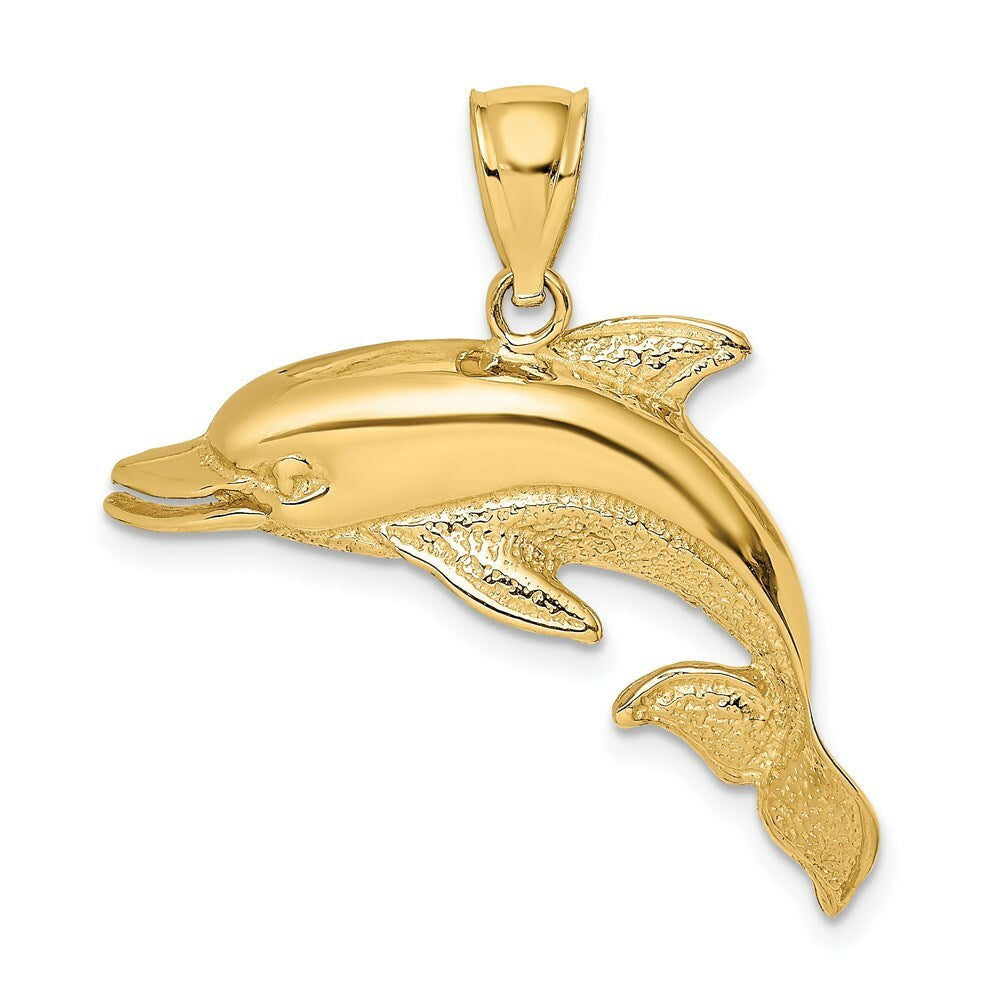 14K Yellow Gold 2-D Polished and Engraved Open Mouth Dolphin Charm Pendant