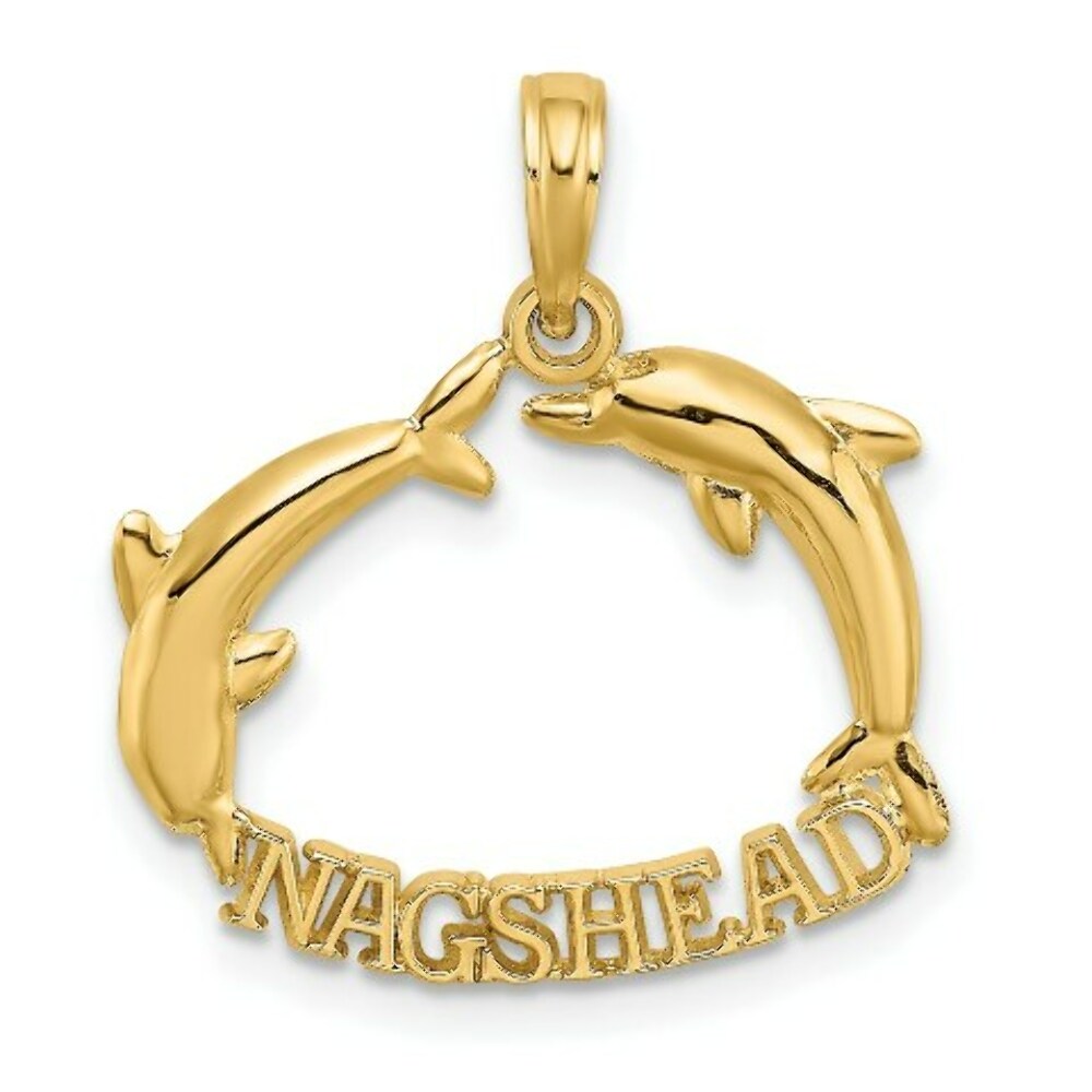 14K Yellow Gold 2-D Polished NAGSHEAD With Jumping Dolphins Charm Pendant