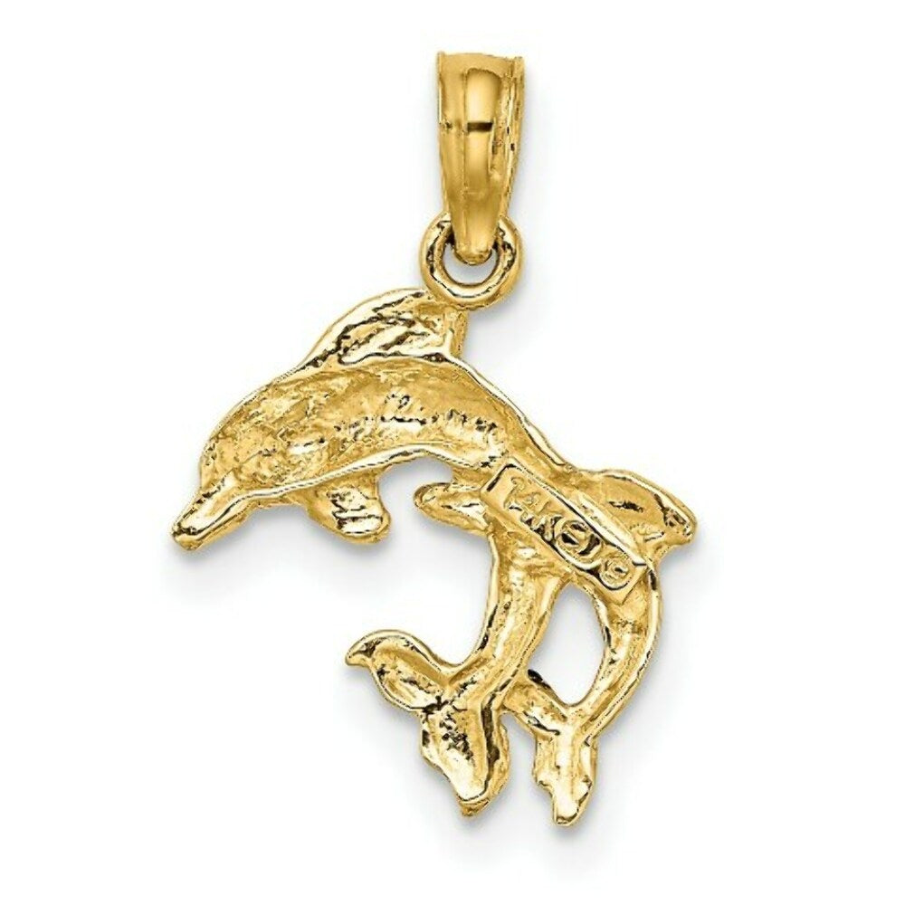 14K Yellow Gold Polished 2-D Mini Double Dolphins Charm Pendant