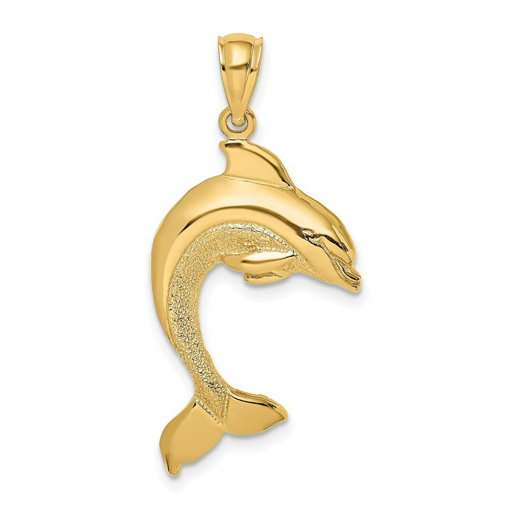 14K Yellow Gold 2-D & Polished Dolphin Jumping Charm Pendant