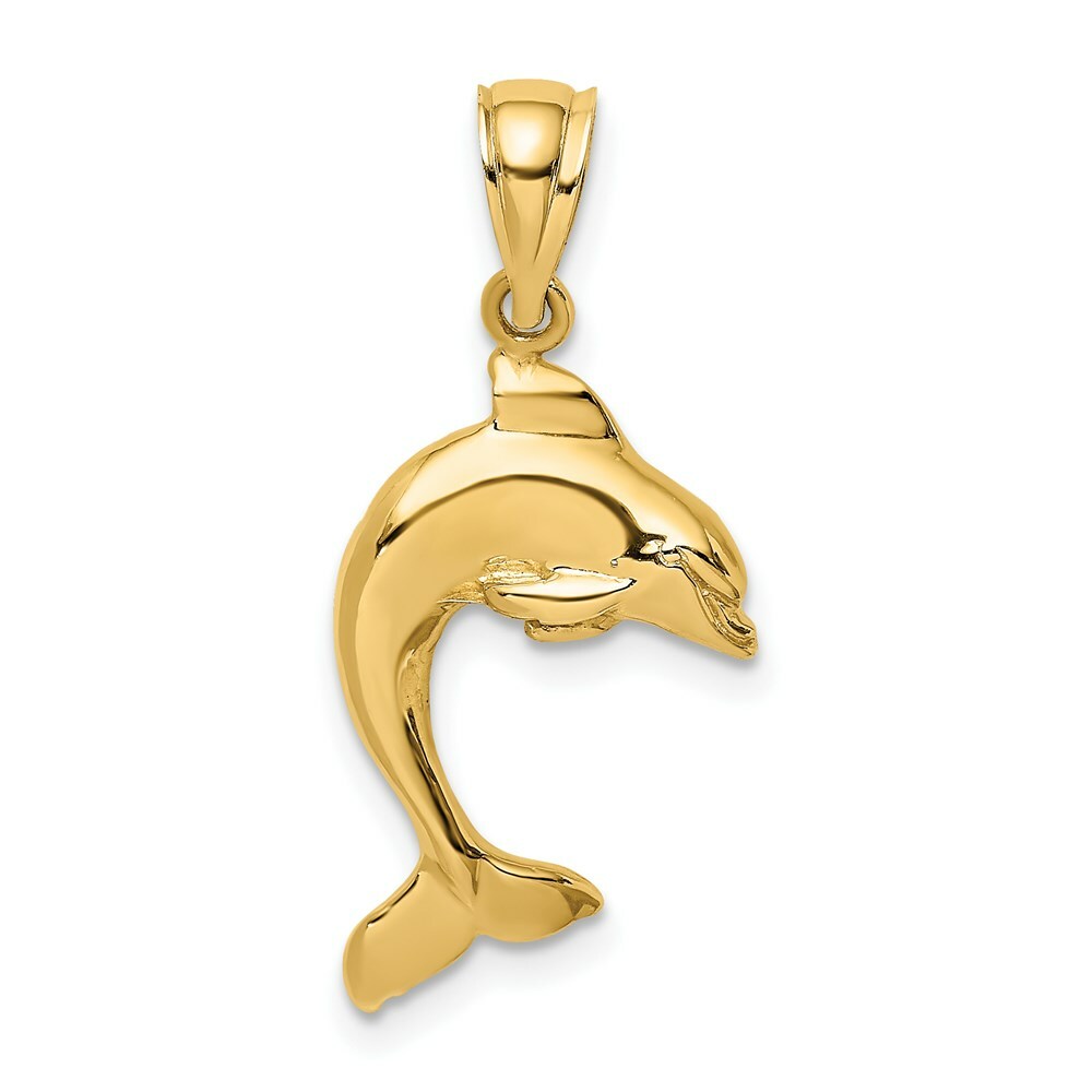 14K Yellow Gold 2-D & Polished Dolphin Jumping Charm Pendant